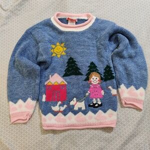 Vintage GRAND Blue Knit Sweater with Girl Walking Dog Size 5/6